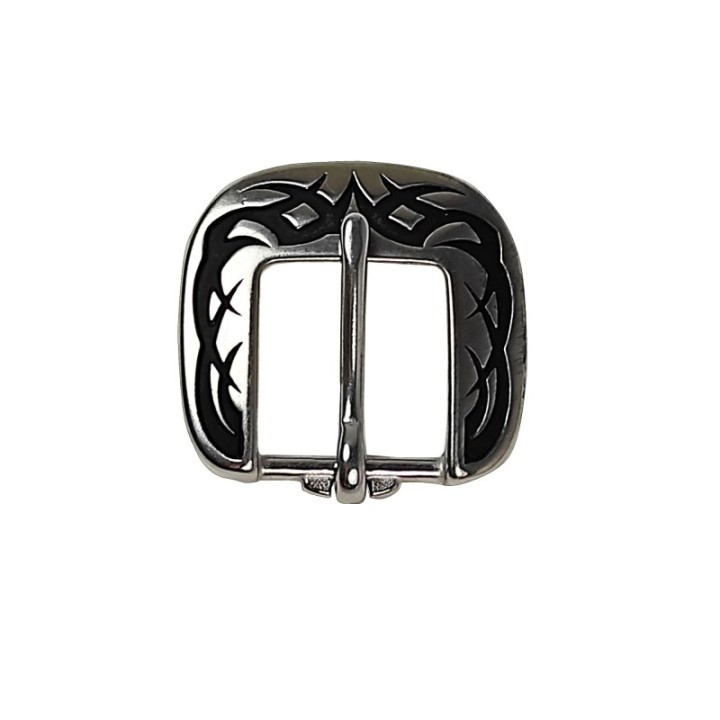 Tribal heel buckle in stainless steel w/ black patina